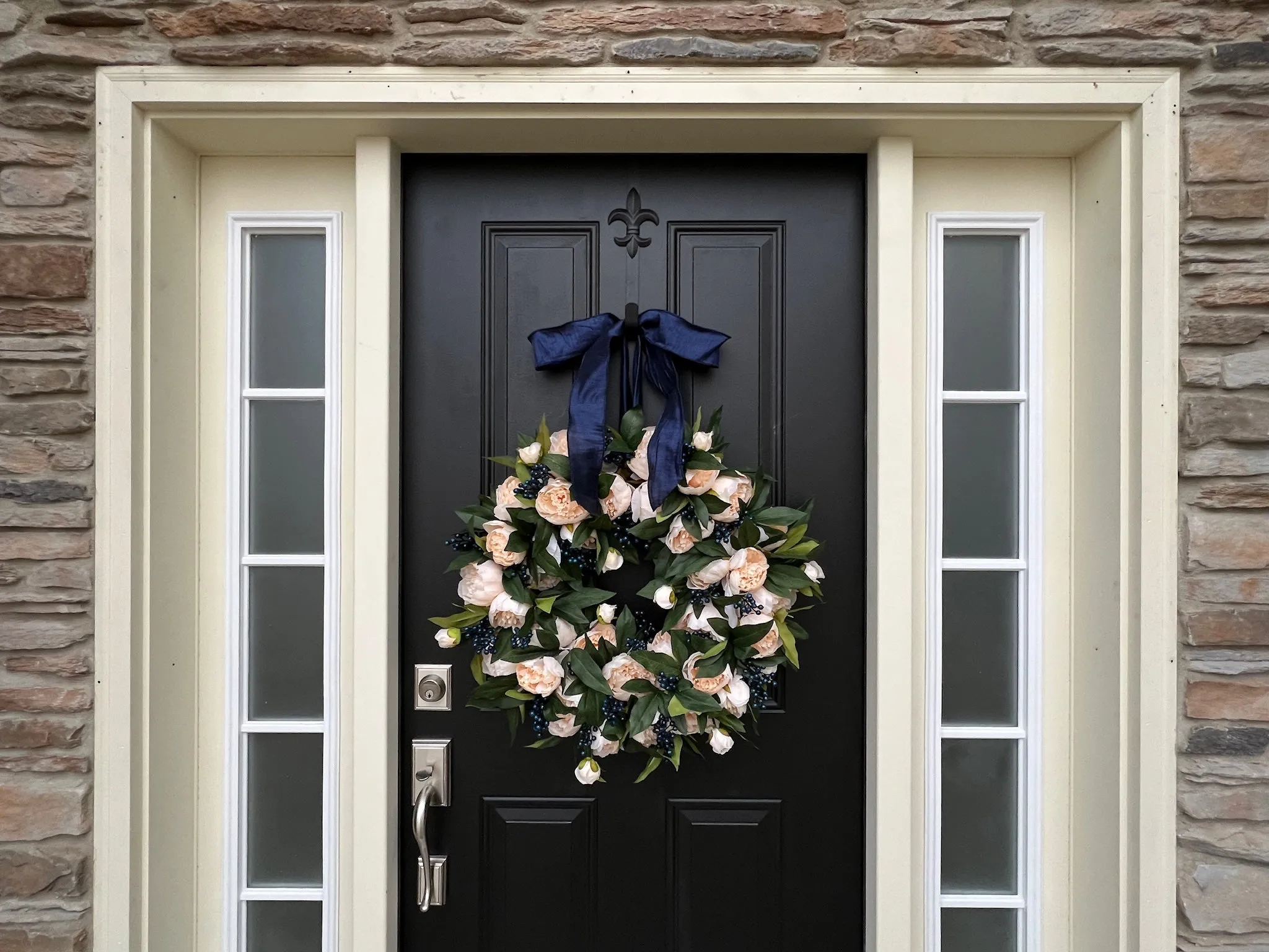 Winter Cream Peony Wreath with Blue Berries