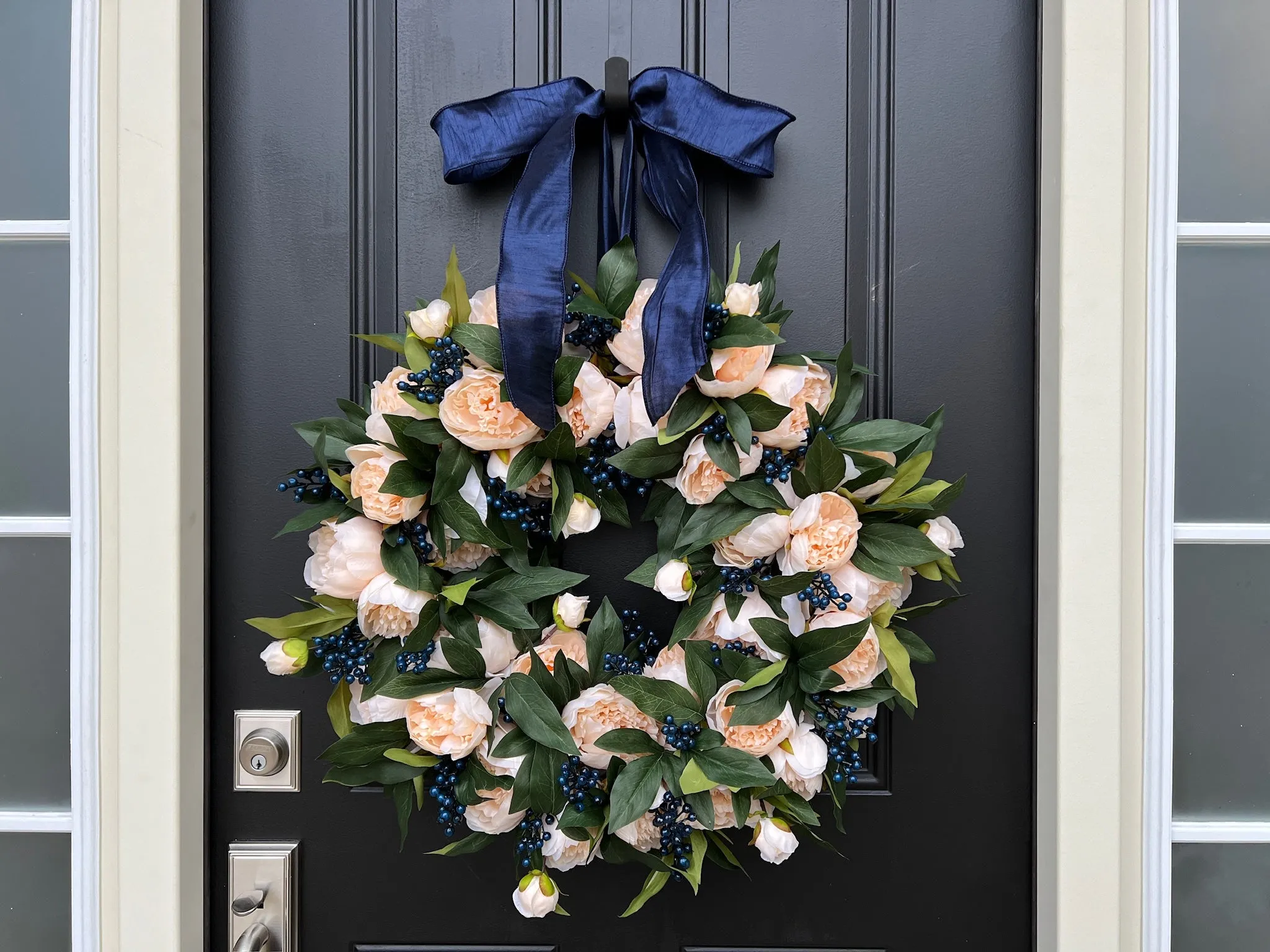 Winter Cream Peony Wreath with Blue Berries