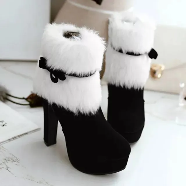 Women Boots Christmas Red Platform High Heels Winter Warm Fur Chunky