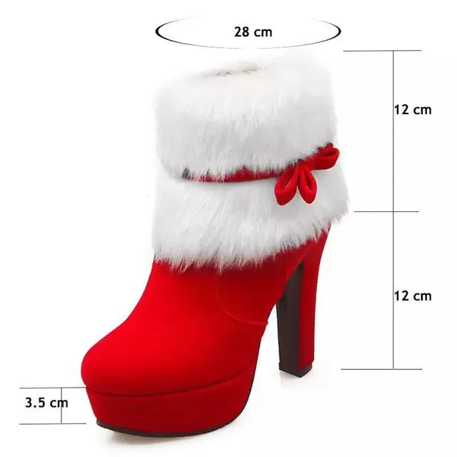 Women Boots Christmas Red Platform High Heels Winter Warm Fur Chunky