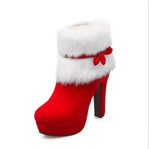 Women Boots Christmas Red Platform High Heels Winter Warm Fur Chunky