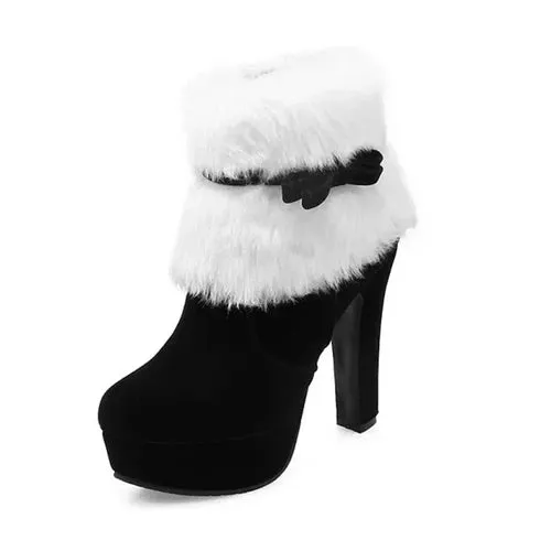 Women Boots Christmas Red Platform High Heels Winter Warm Fur Chunky