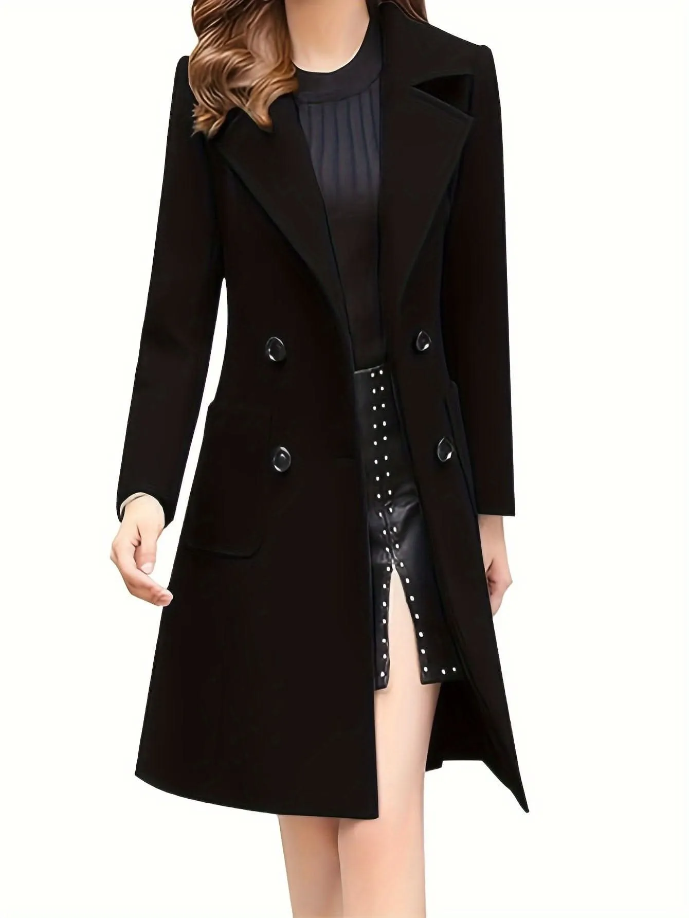 Women Winter Mid-Long Coat Notch Double-Breasted Lapel Jacket Outwear