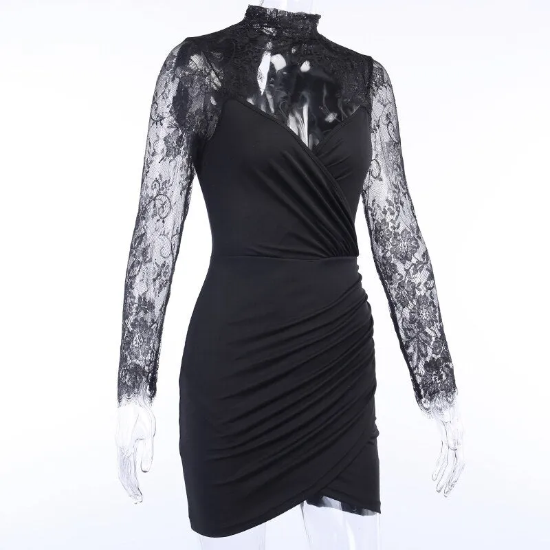 Women's Autumn V-Neck Lace Long Sleeve Ruched Slim Dress