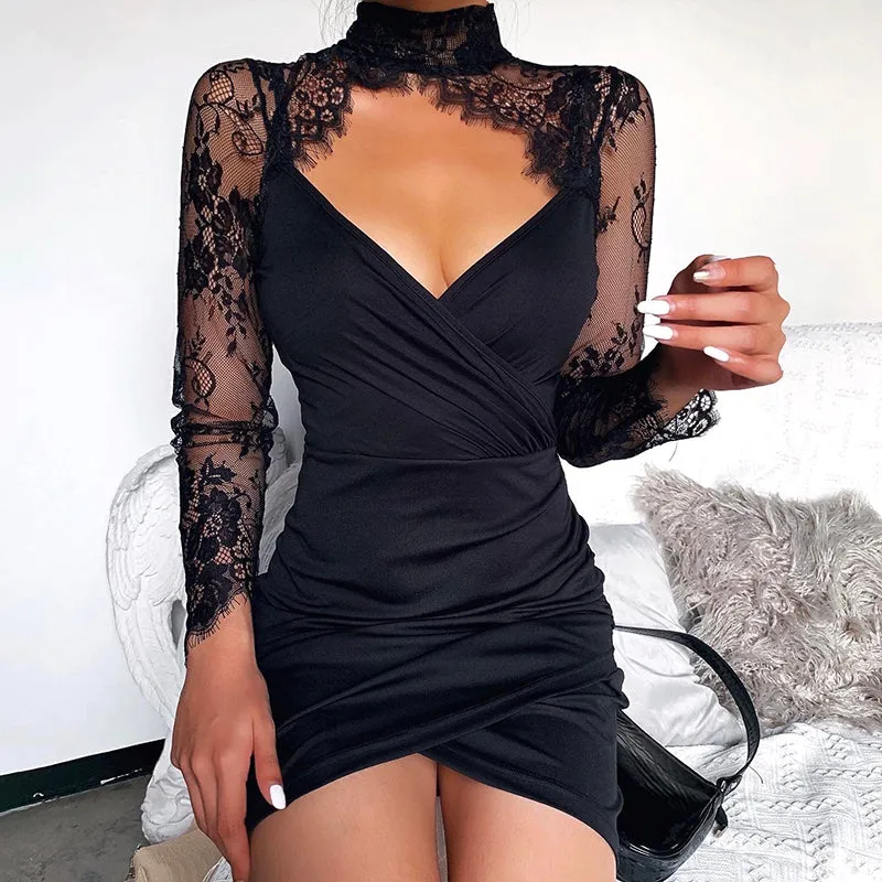Women's Autumn V-Neck Lace Long Sleeve Ruched Slim Dress