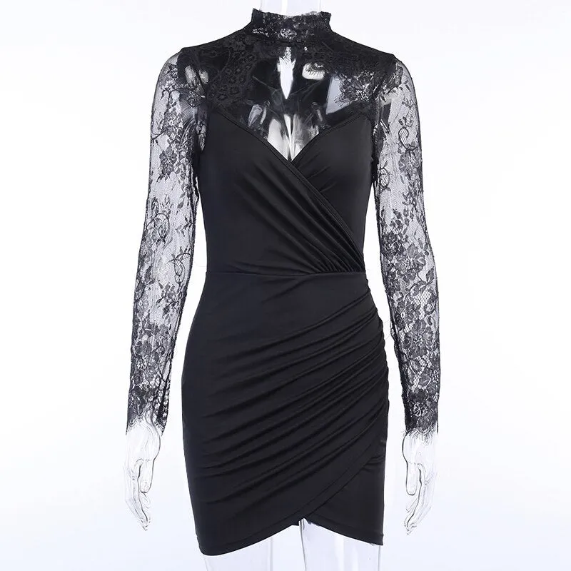 Women's Autumn V-Neck Lace Long Sleeve Ruched Slim Dress
