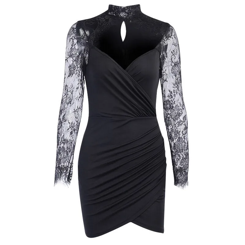 Women's Autumn V-Neck Lace Long Sleeve Ruched Slim Dress
