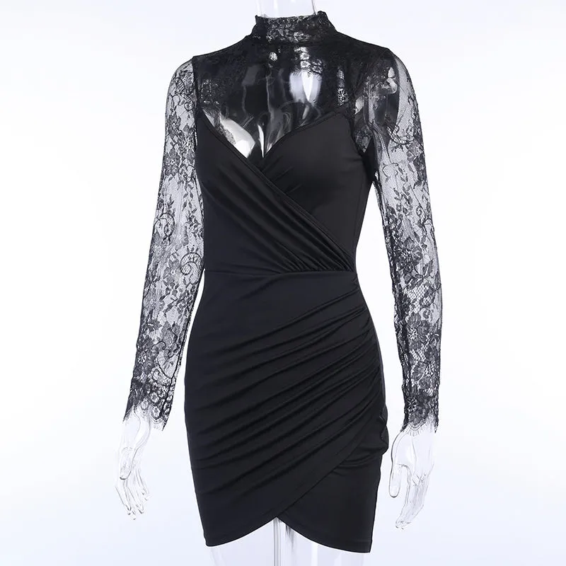 Women's Autumn V-Neck Lace Long Sleeve Ruched Slim Dress