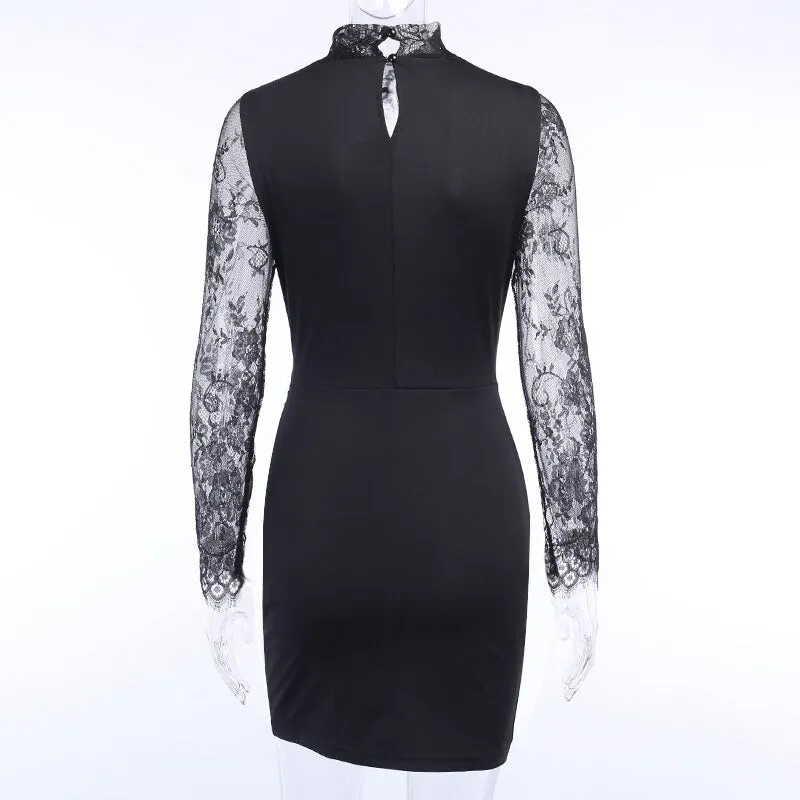 Women's Autumn V-Neck Lace Long Sleeve Ruched Slim Dress