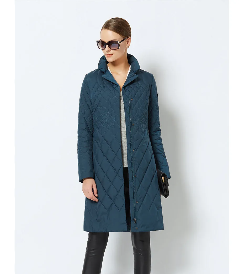 Women's Spring/Autumn Warm Thin Quilted Long Coat With Standing Collar