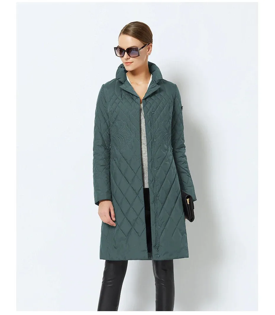 Women's Spring/Autumn Warm Thin Quilted Long Coat With Standing Collar
