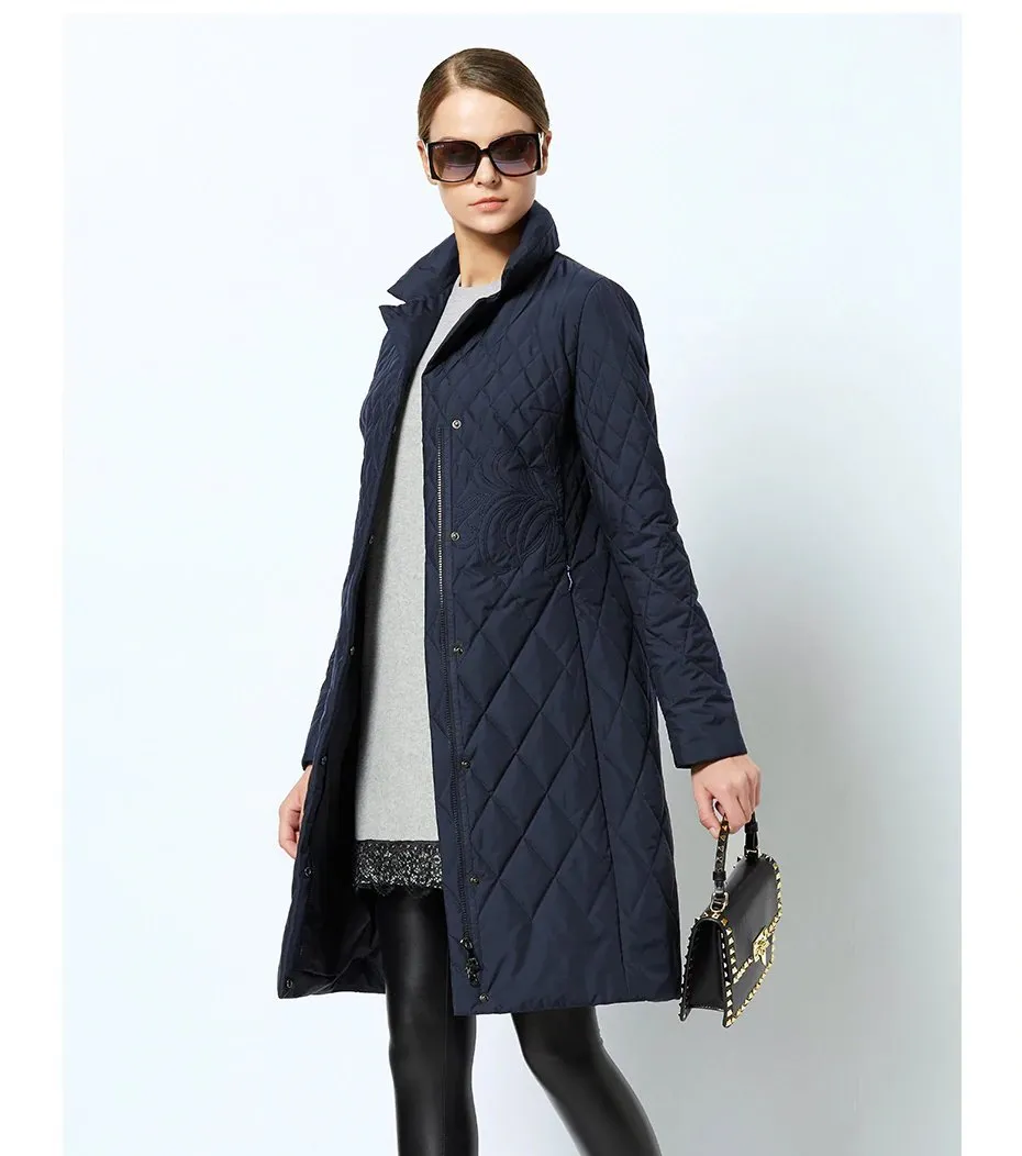 Women's Spring/Autumn Warm Thin Quilted Long Coat With Standing Collar
