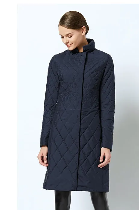 Women's Spring/Autumn Warm Thin Quilted Long Coat With Standing Collar
