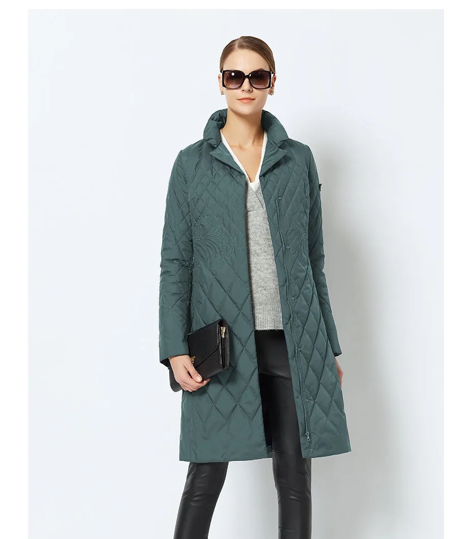 Women's Spring/Autumn Warm Thin Quilted Long Coat With Standing Collar