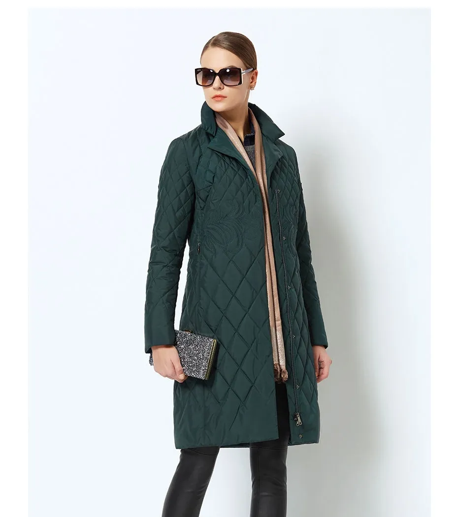 Women's Spring/Autumn Warm Thin Quilted Long Coat With Standing Collar