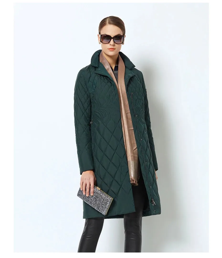 Women's Spring/Autumn Warm Thin Quilted Long Coat With Standing Collar