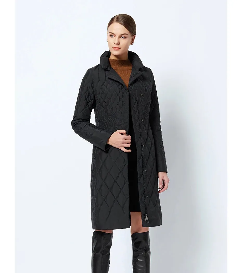 Women's Spring/Autumn Warm Thin Quilted Long Coat With Standing Collar