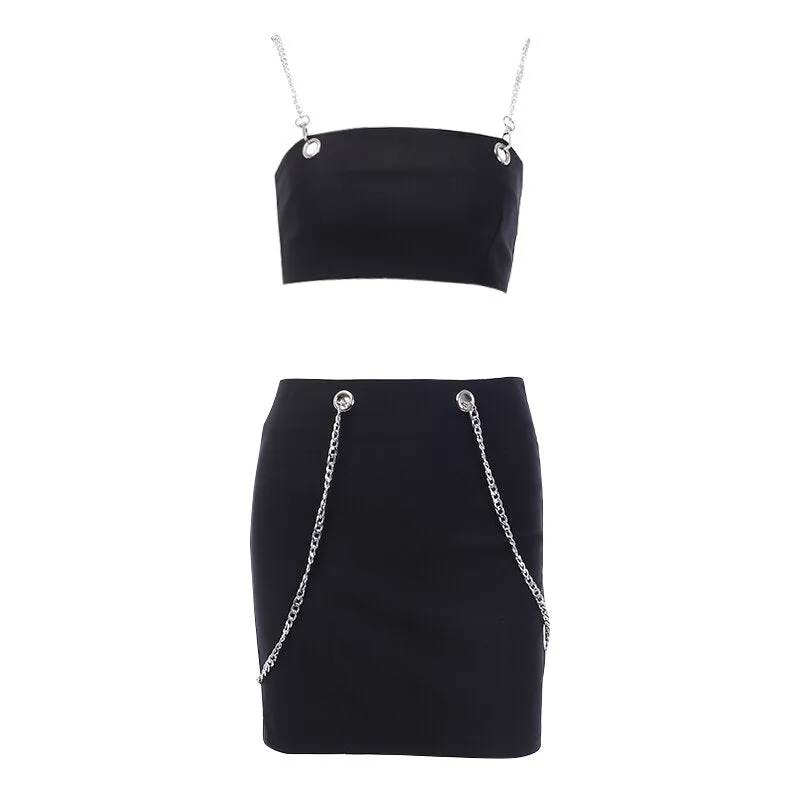 Women's Summer Casual Solid Slim Two-Piece Dress With Chains