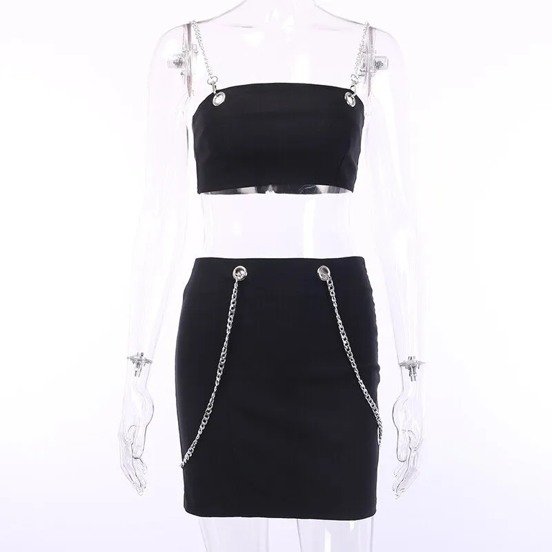 Women's Summer Casual Solid Slim Two-Piece Dress With Chains