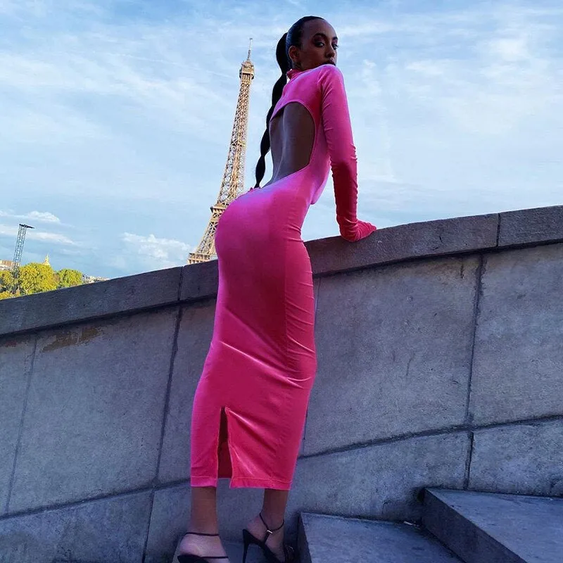Women's Velvet Split Backless Long Dress With Gloves