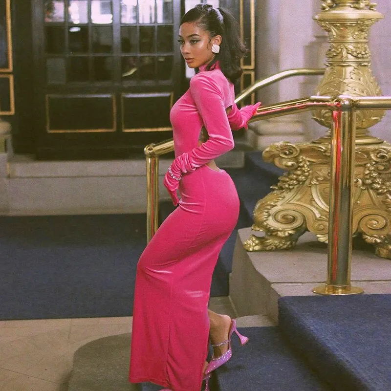 Women's Velvet Split Backless Long Dress With Gloves