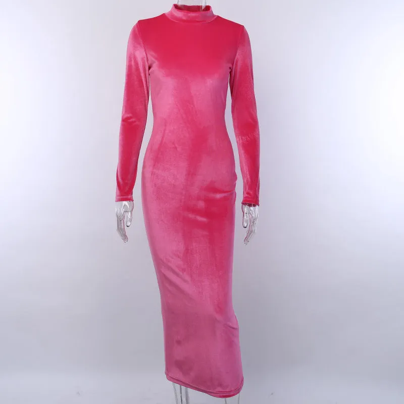 Women's Velvet Split Backless Long Dress With Gloves