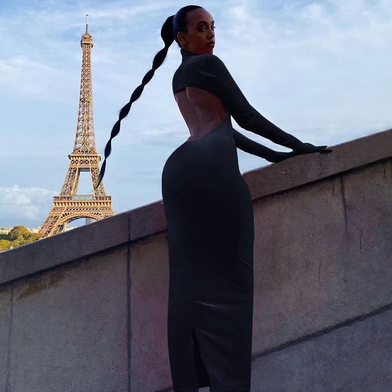 Women's Velvet Split Backless Long Dress With Gloves