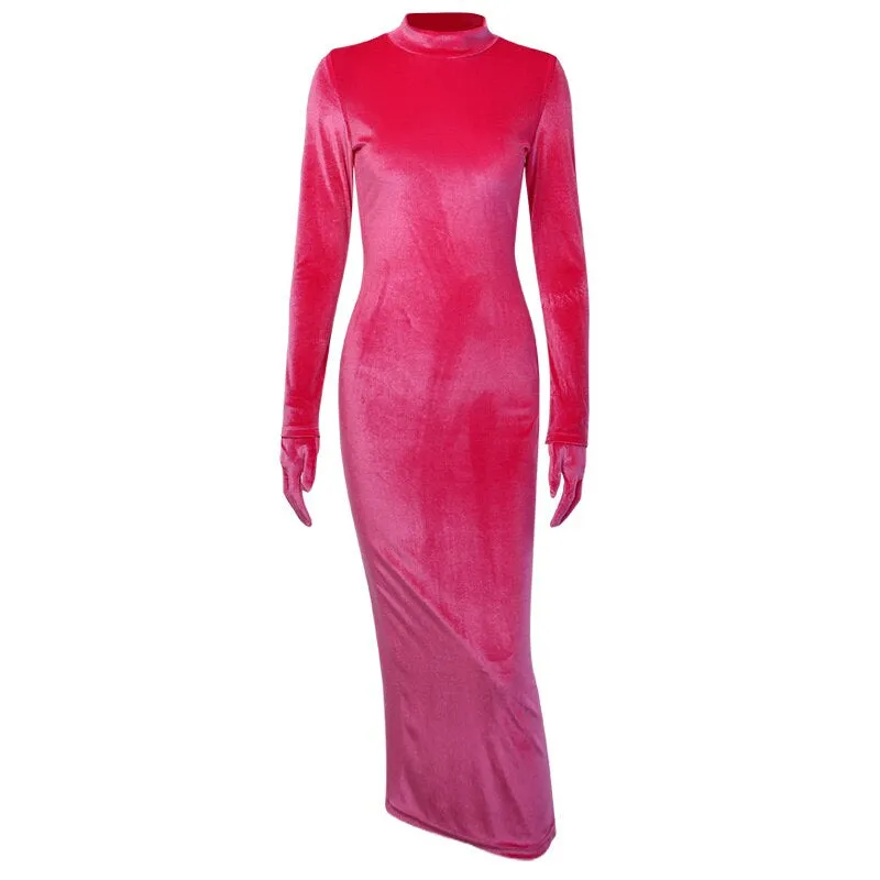 Women's Velvet Split Backless Long Dress With Gloves