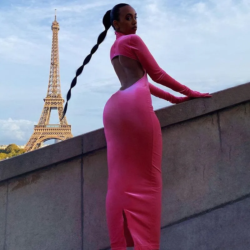 Women's Velvet Split Backless Long Dress With Gloves