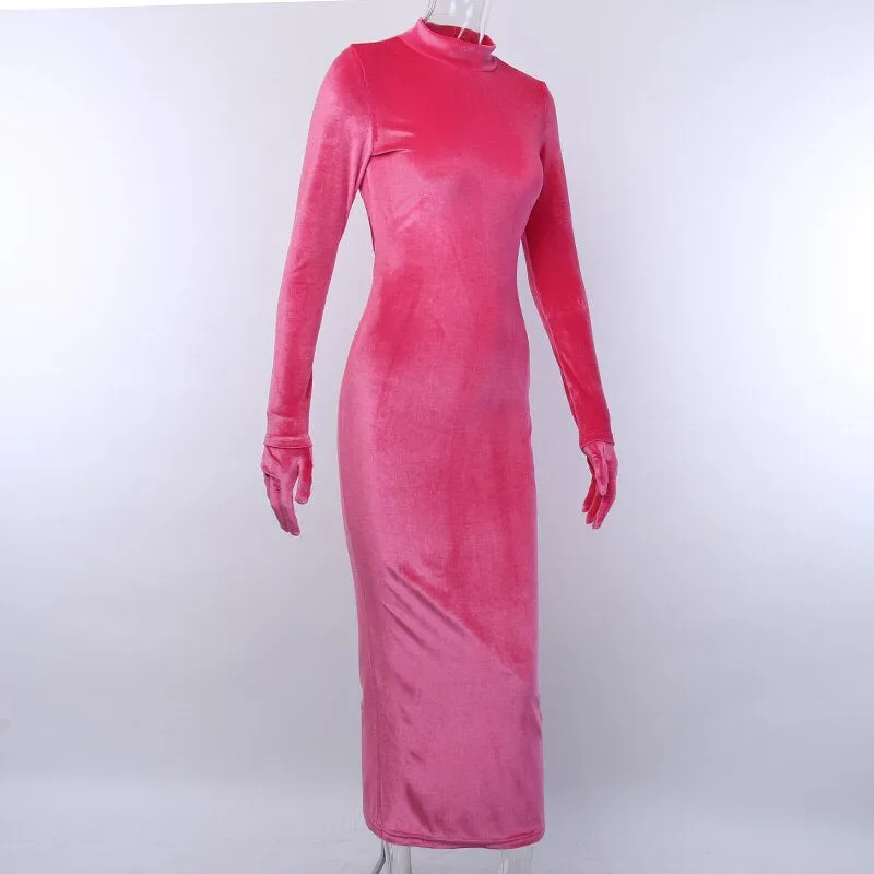 Women's Velvet Split Backless Long Dress With Gloves