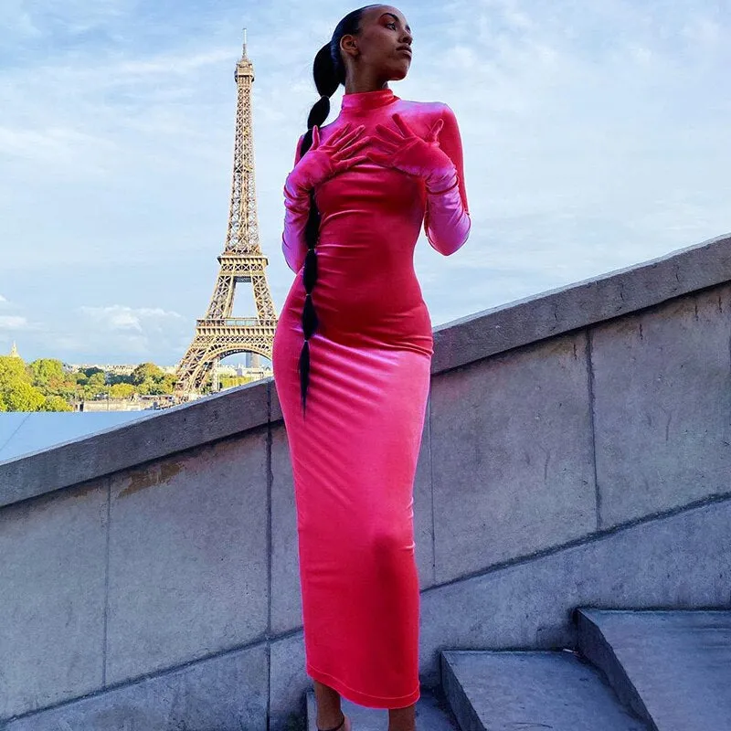 Women's Velvet Split Backless Long Dress With Gloves
