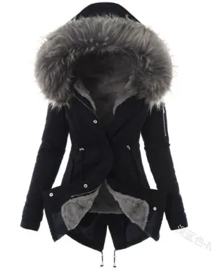Yvaine | Women's Black Faux Fur Lined Parka - Hooded Winter Coat with Stylish Fur Trim for Cold Weather